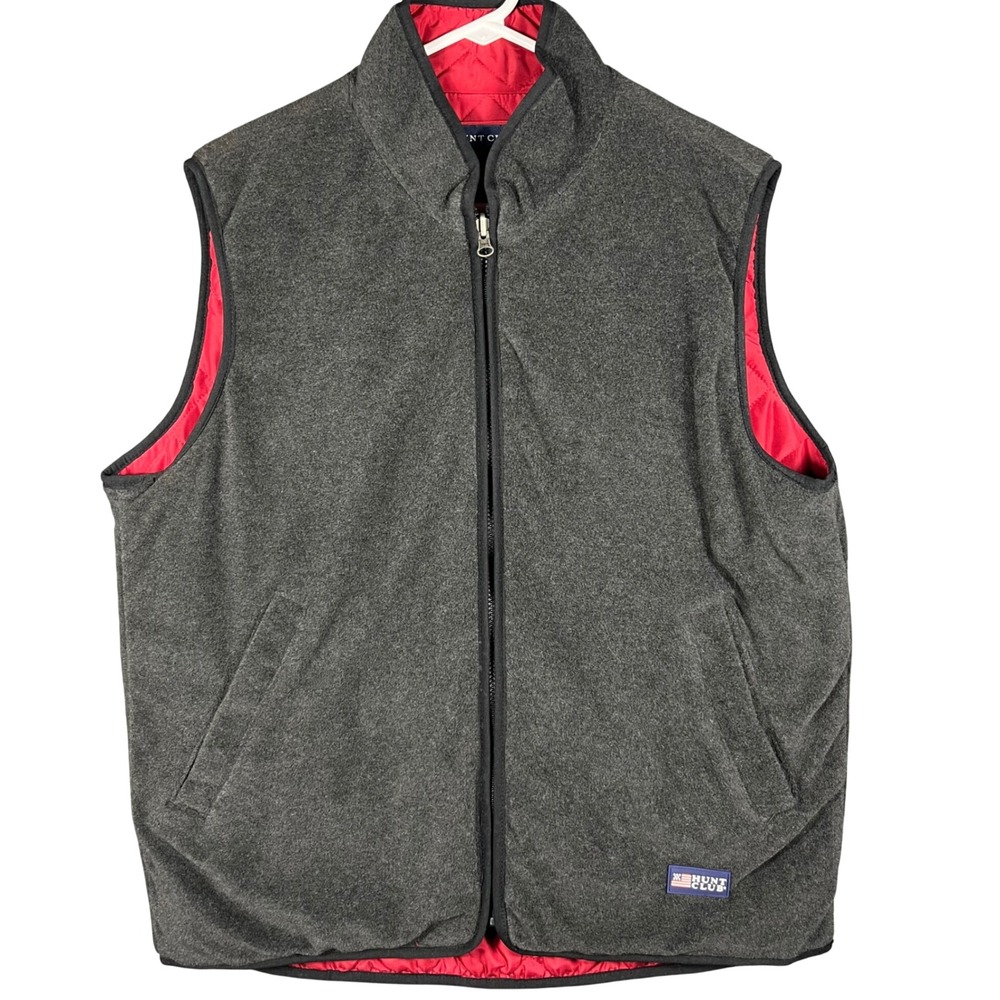 Hunt Club Reversible Vest Mens M Grey Fleece Red Quilted Full Zip Outdoor